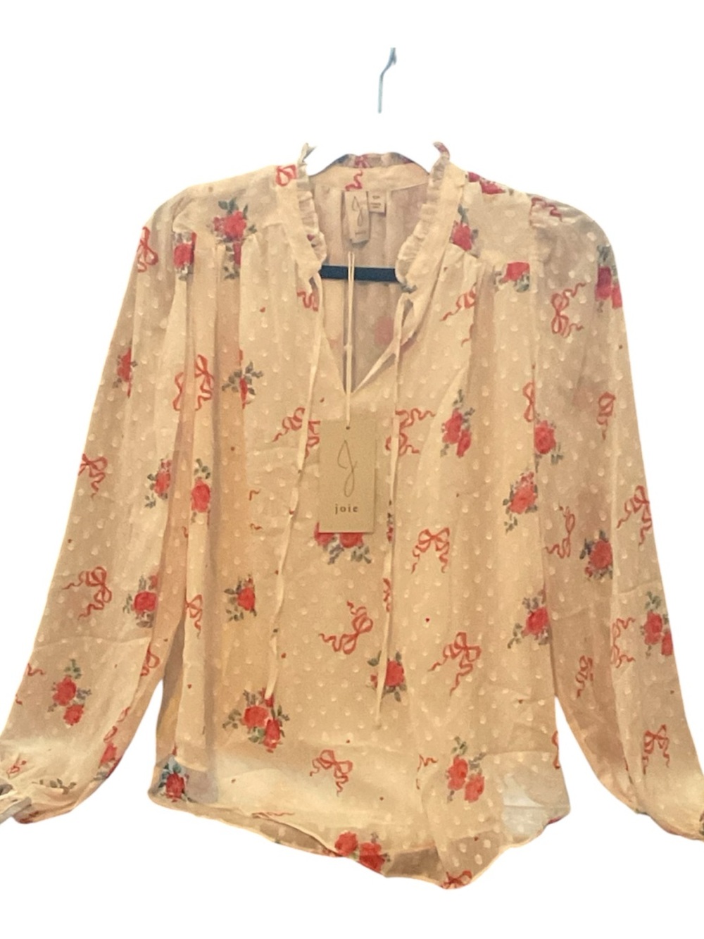 Joie Cream Sheer Floral Tie-Neck Blouse